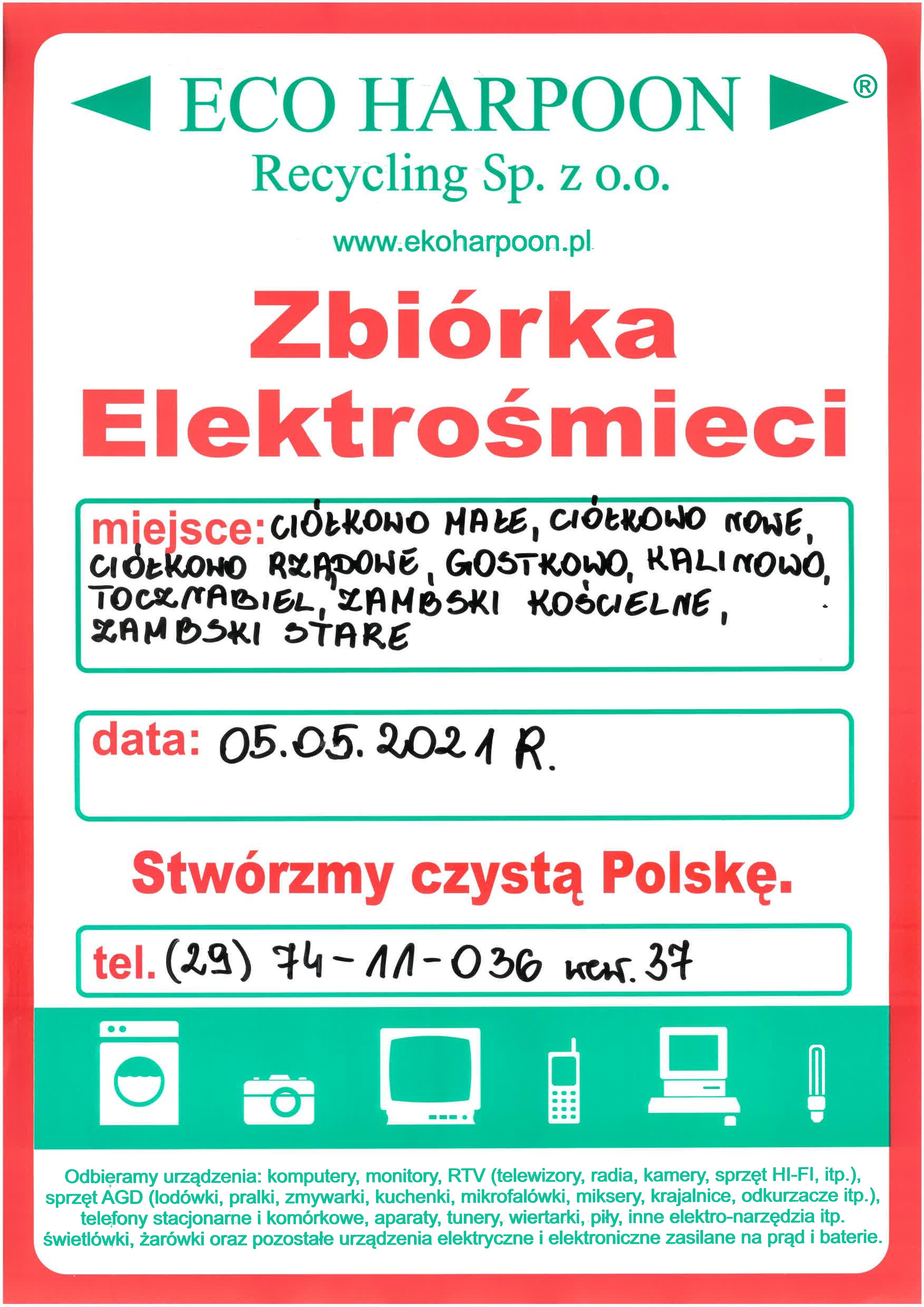 Zbiórka elektrośmieci z&nbsp;podziałem na dni i&nbsp;miejscowości.